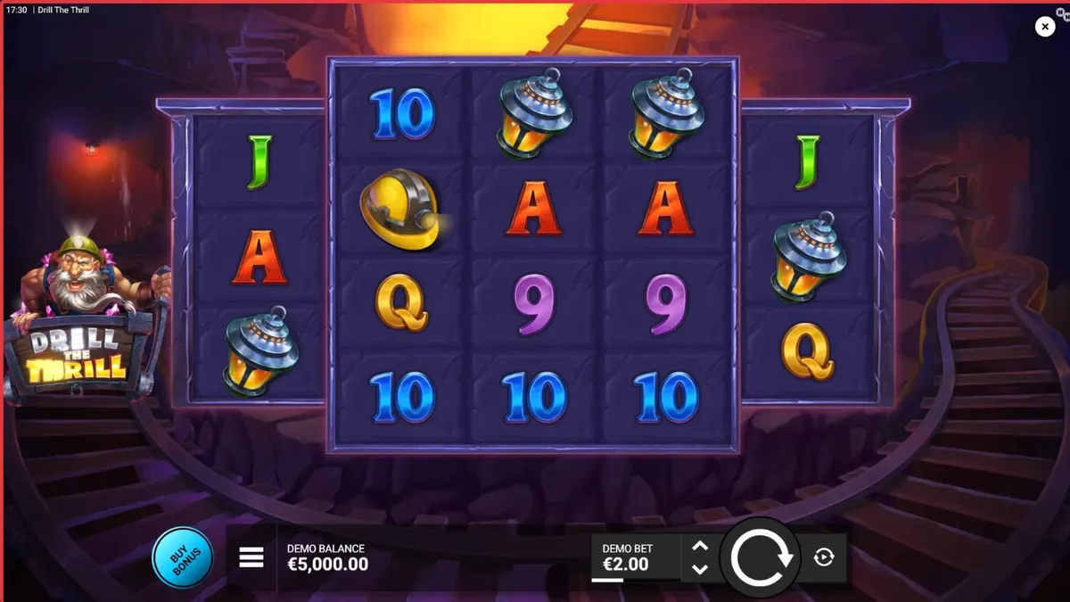 Interface do jogo de slot Drill the Thrill com elementos de mineração e brocas douradas