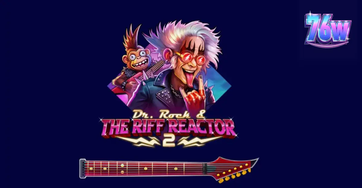 O cientista Dr. Rock e seu macaco roqueiro em um palco iluminado por luzes neon em Dr. Rock & the Riff Reactor 2.